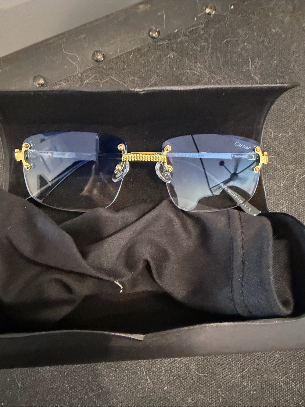 Cartier Santos D072 Rimless Blue Lens Gold Sunglasses 56 20 145